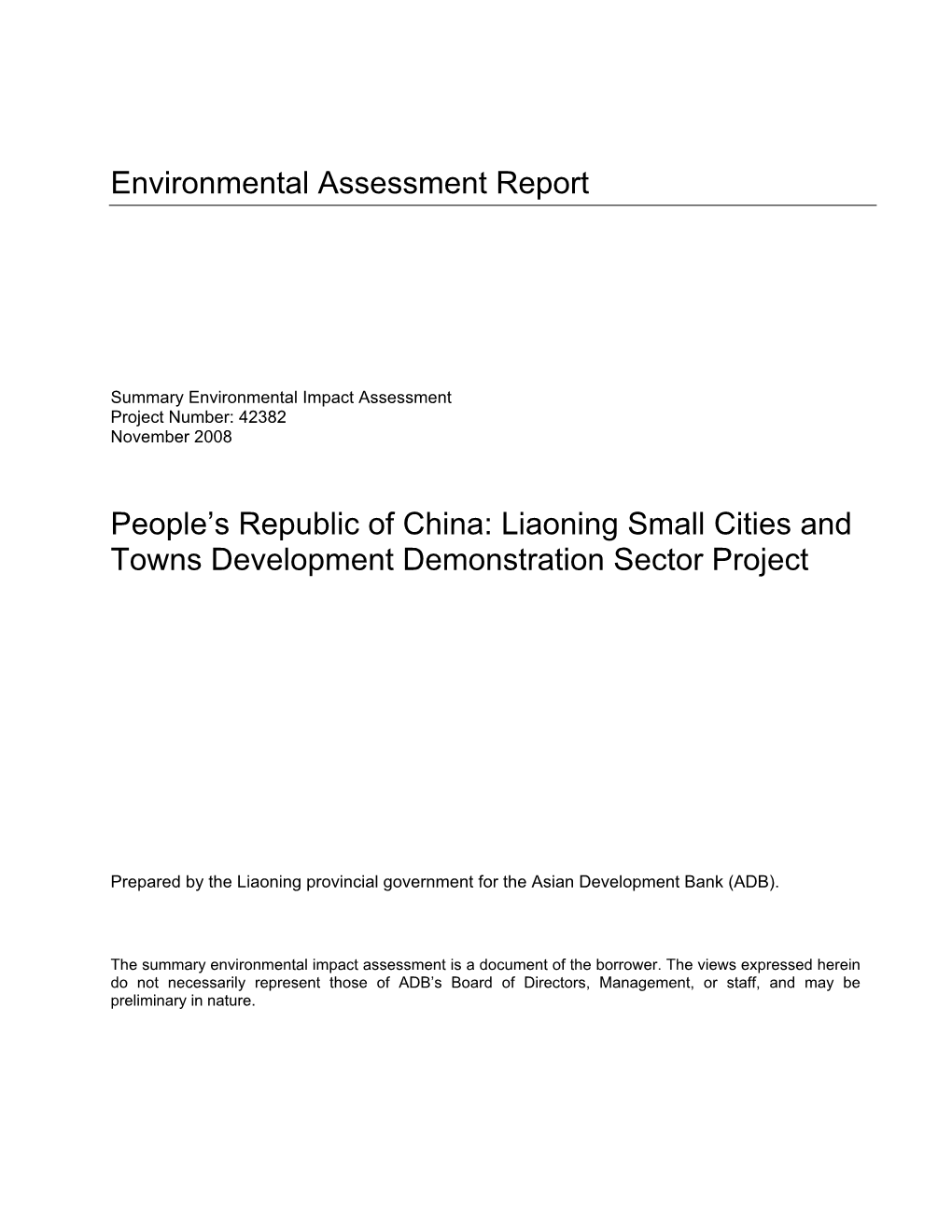 Liaoning Small Cities and Towns Development Demonstration Sector Project