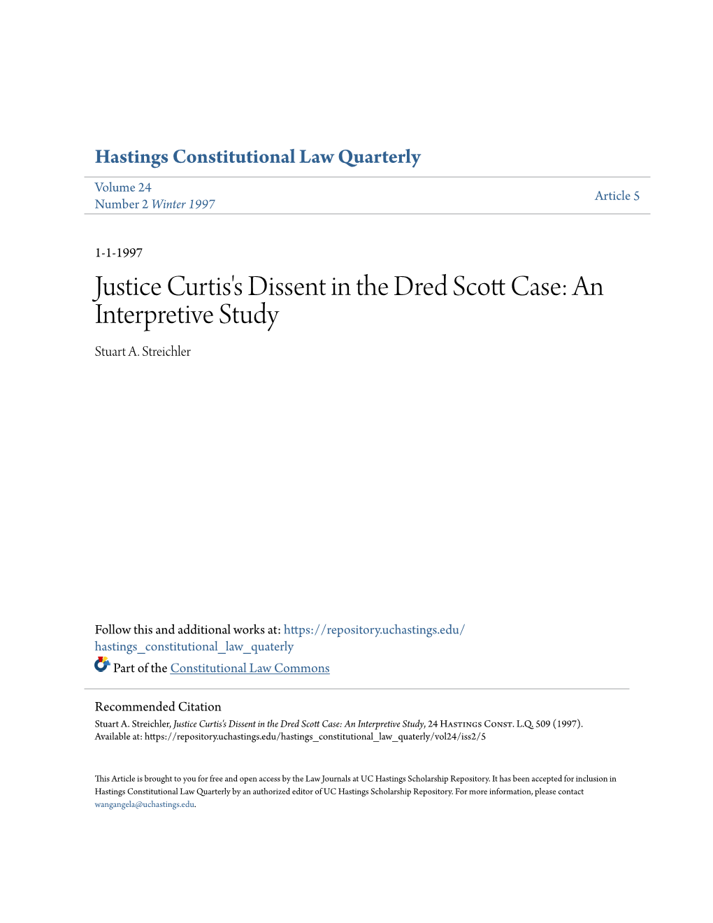 Justice Curtis's Dissent in the Dred Scott Case: an Interpretive Study