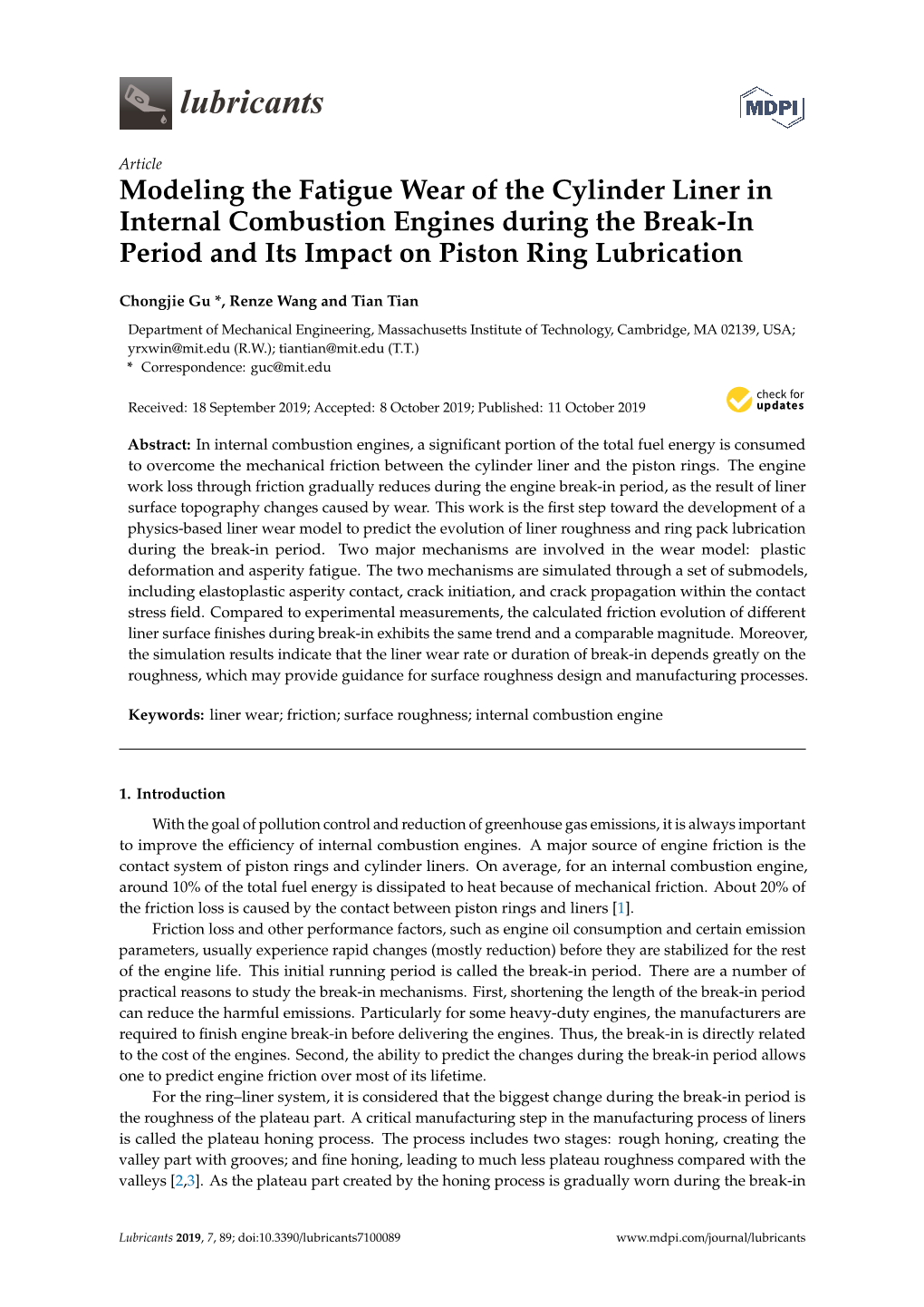 Modeling the Fatigue Wear of the Cylinder Liner in Internal Combustion Engines During the Break-In Period and Its Impact on Piston Ring Lubrication