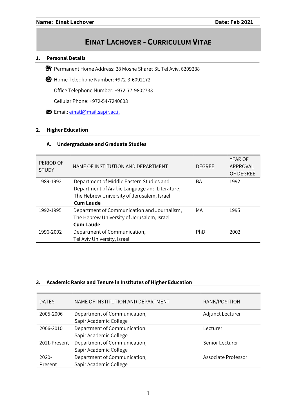 Einat Lachover -Curriculum Vitae