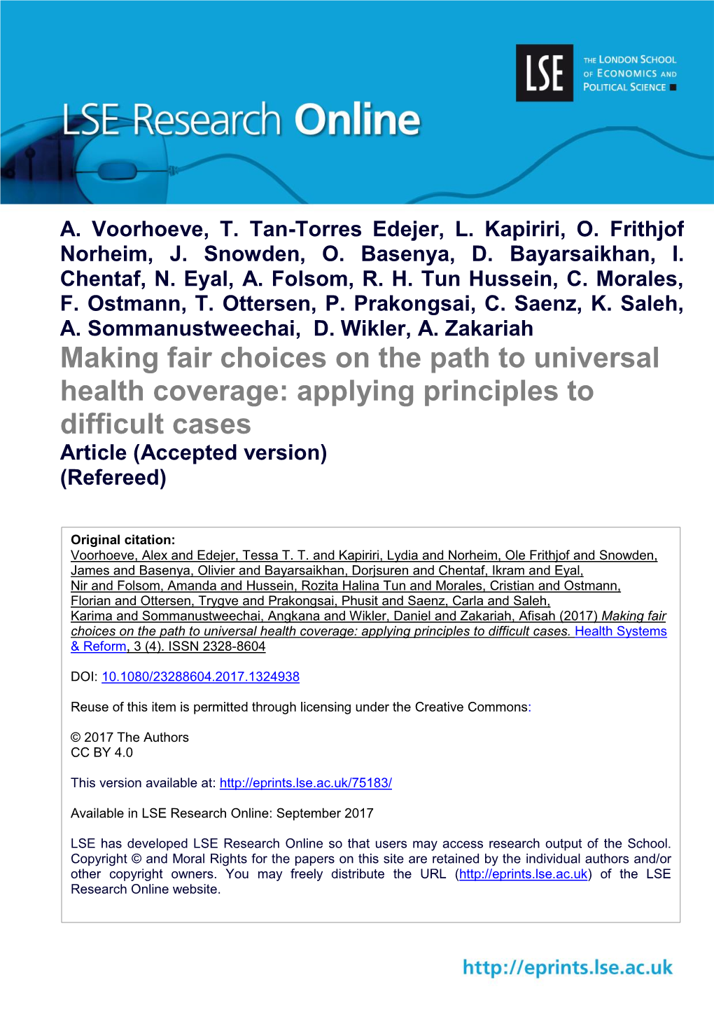 Making Fair Choices on the Path to Universal Health Coverage: Applying Principles to Difficult Cases Article (Accepted Version) (Refereed)