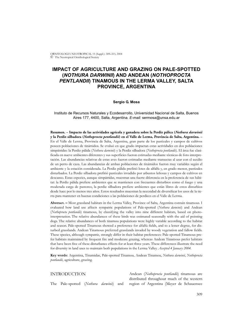 Impact of Agriculture and Grazing on Pale-Spotted (Nothura Darwinii) and Andean (Nothoprocta Pentlandii) Tinamous in the Lerma Valley, Salta Province, Argentina