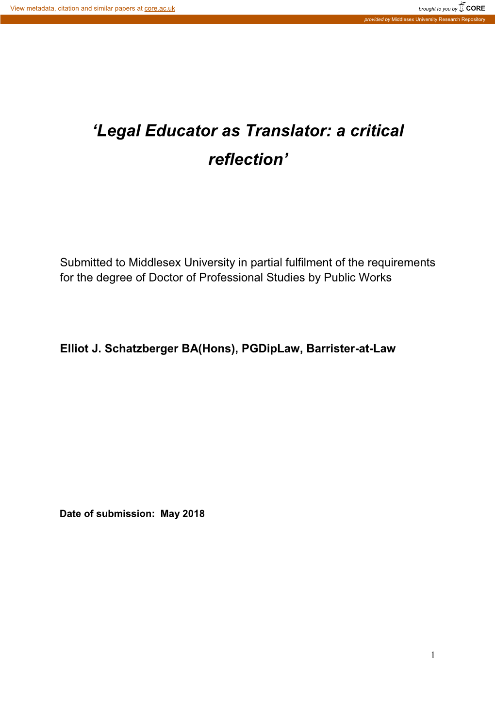 'Legal Educator As Translator: a Critical Reflection'