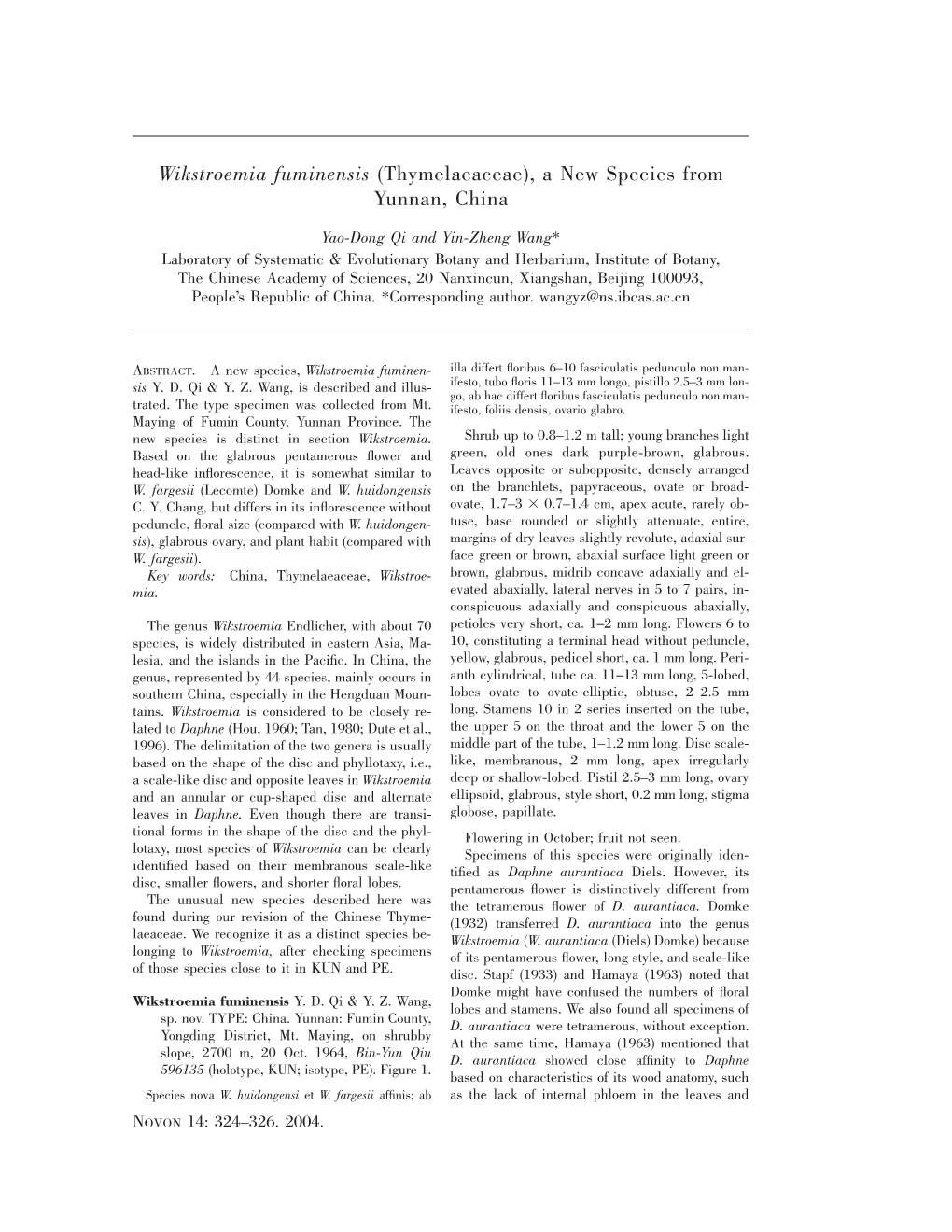 Wikstroemia Fuminensis (Thymelaeaceae), a New Species from Yunnan, China