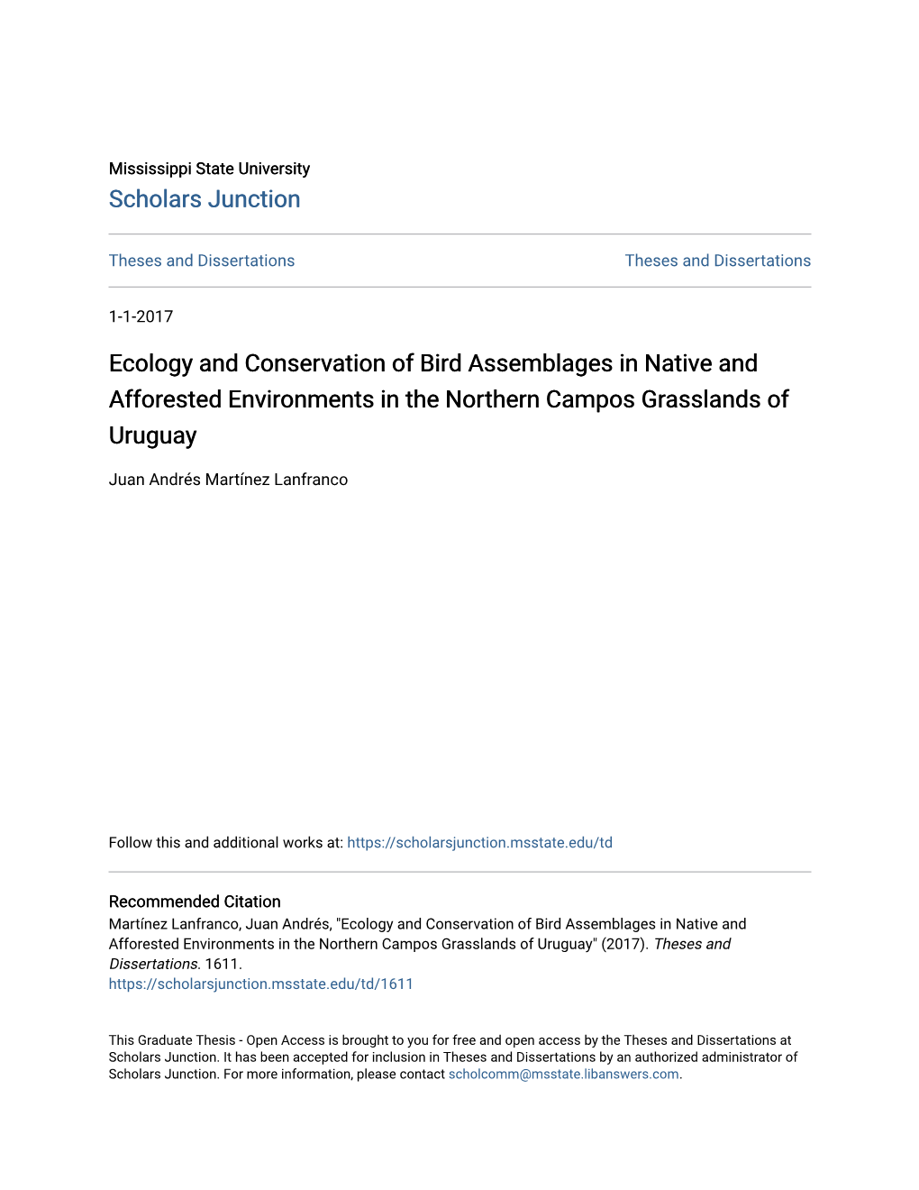 Ecology and Conservation of Bird Assemblages in Native and Afforested Environments in the Northern Campos Grasslands of Uruguay