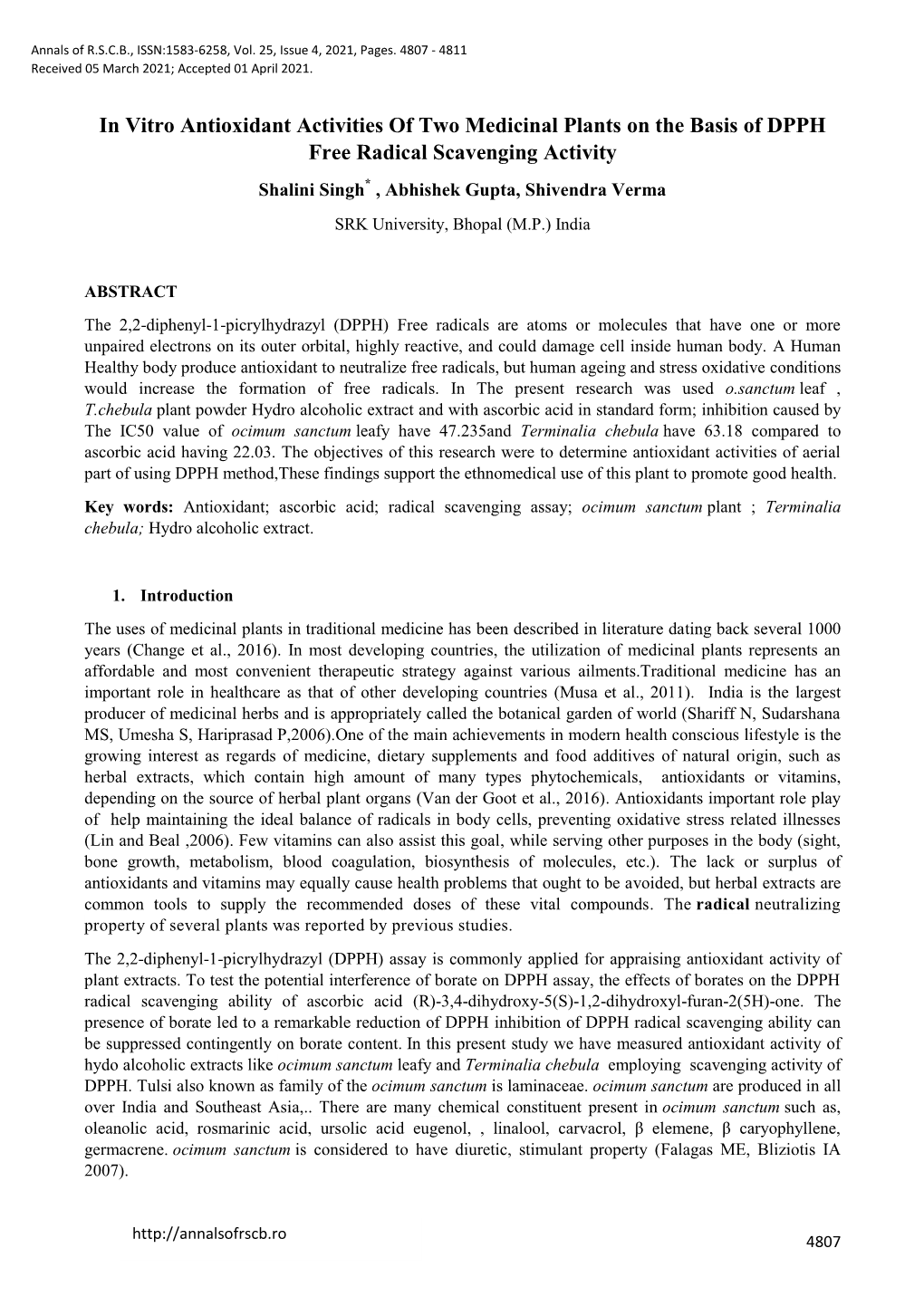 In Vitro Antioxidant Activities of Two Medicinal Plants on the Basis of DPPH Free Radical Scavenging Activity