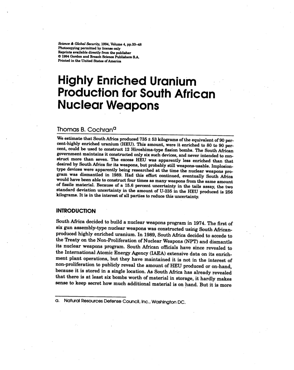 Highly Enriched Uranium Production for South African Nuclear Weapons