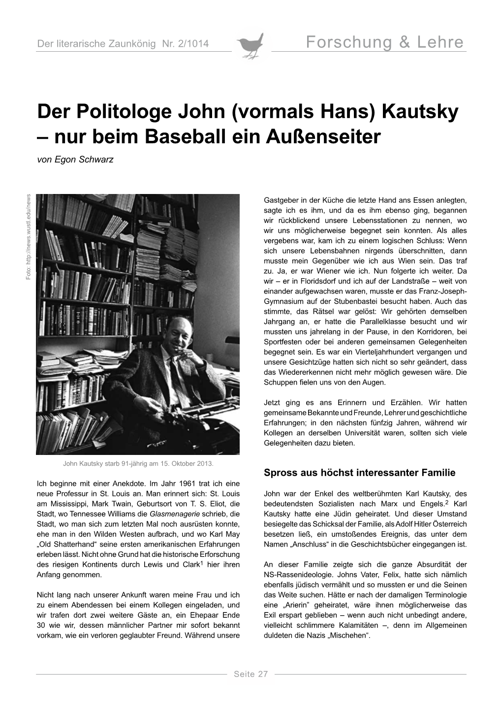 Kautsky – Nur Beim Baseball Ein Außenseiter Von Egon Schwarz