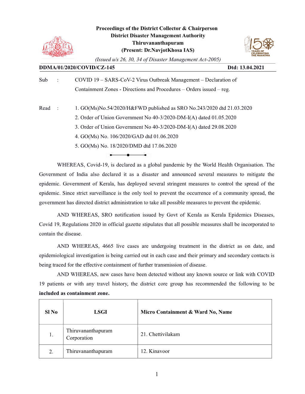 Proceedings of the District Collector & Chairperson District Disaster Management Authority Thiruvananthapuram (Present: Dr.N