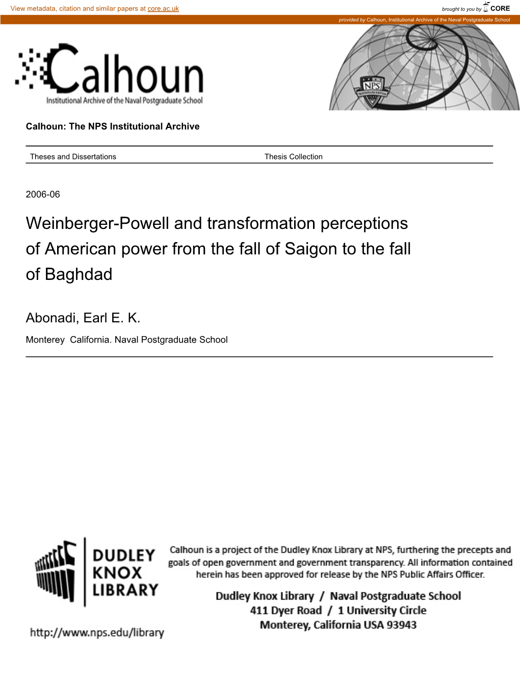 Weinberger-Powell and Transformation Perceptions of American Power from the Fall of Saigon to the Fall of Baghdad