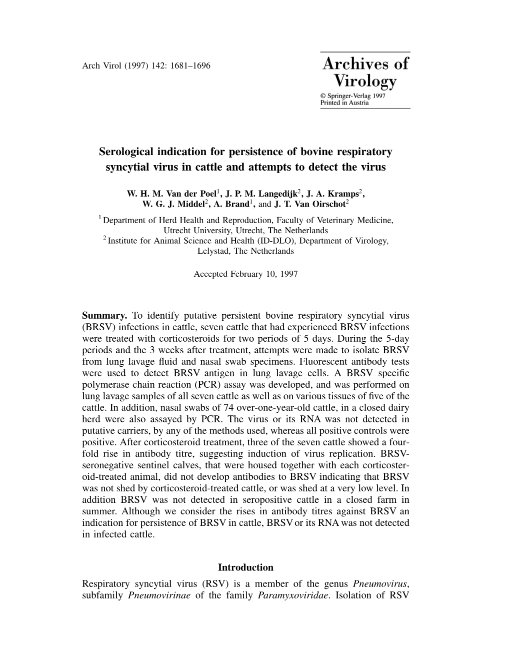 Serological Indication for Persistence of Bovine Respiratory Syncytial Virus in Cattle and Attempts to Detect the Virus