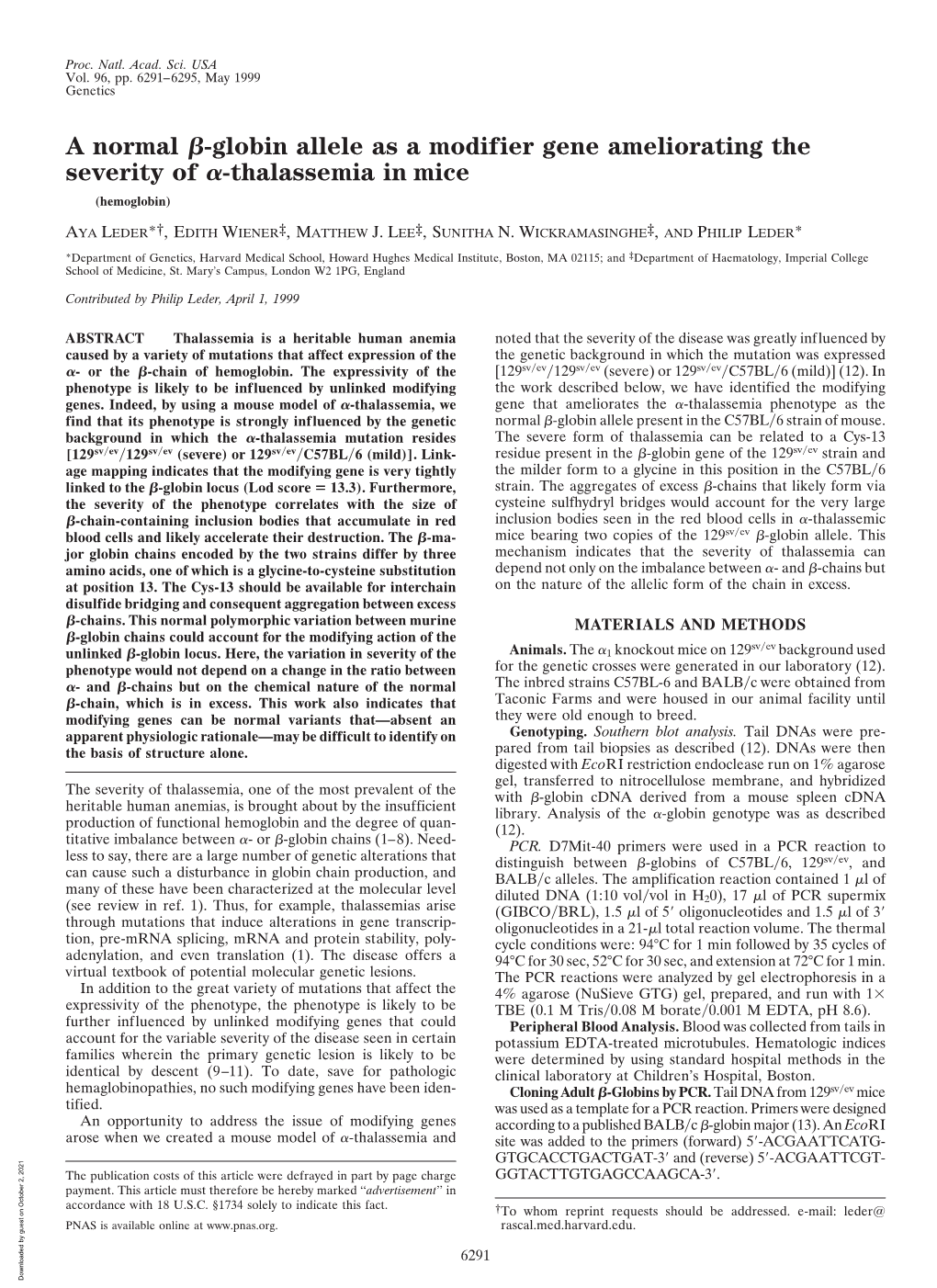 A Normal -Globin Allele As a Modifier Gene Ameliorating the Severity of -Thalassemia in Mice