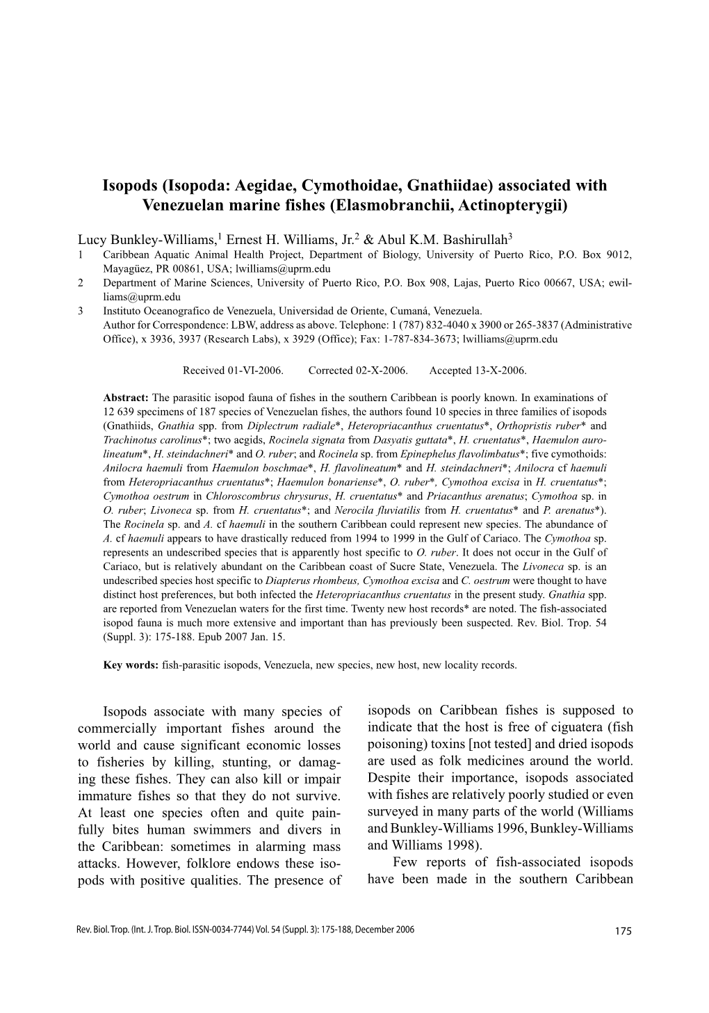 Isopods (Isopoda: Aegidae, Cymothoidae, Gnathiidae) Associated with Venezuelan Marine Fishes (Elasmobranchii, Actinopterygii)