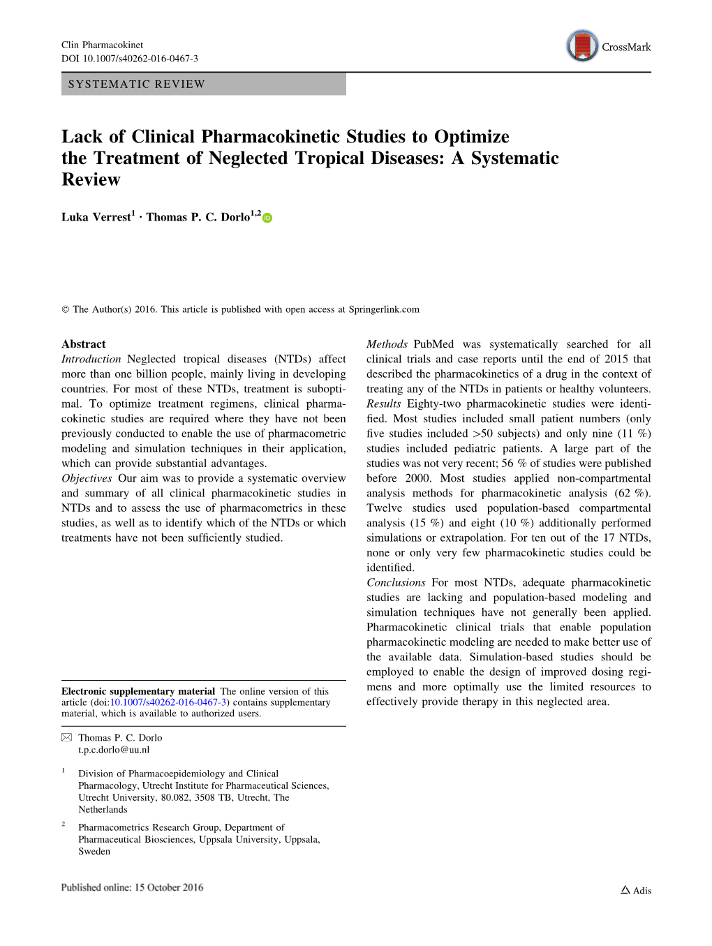 Lack of Clinical Pharmacokinetic Studies to Optimize the Treatment of Neglected Tropical Diseases: a Systematic Review