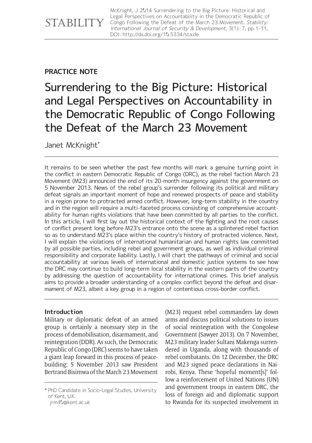 Historical and Legal Perspectives on Accountability in the Democratic Republic of Congo Following the Defeat of the March 23 Movement