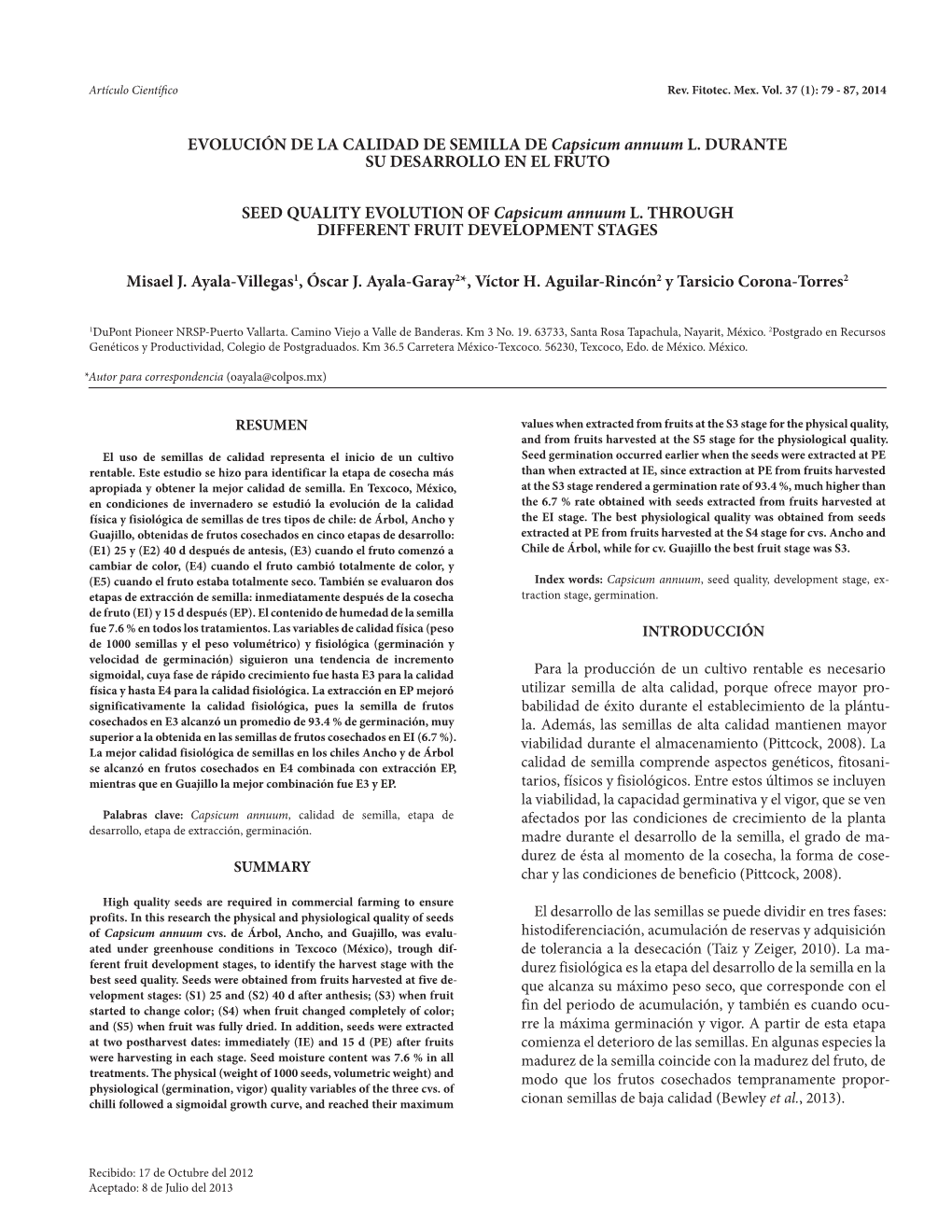 EVOLUCIÓN DE LA CALIDAD DE SEMILLA DE Capsicum Annuum L