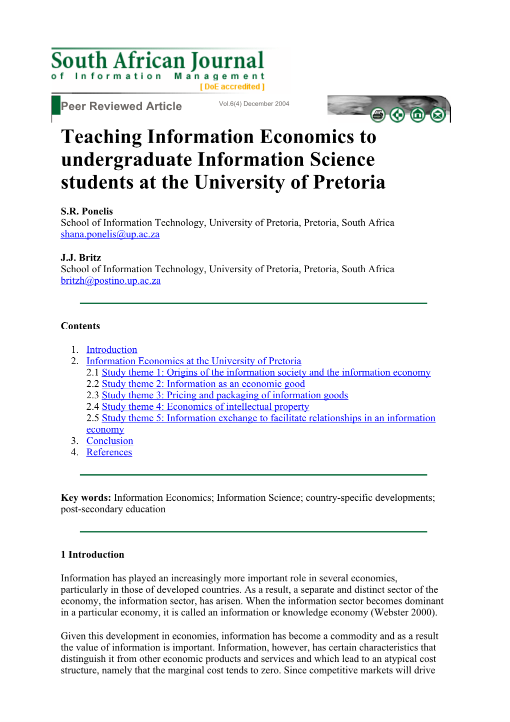 Teaching Information Economics to Undergraduate Information Science Students at the University of Pretoria