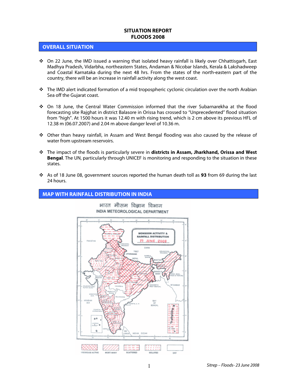 1 Situation Report Floods 2008 Tion in India Overall