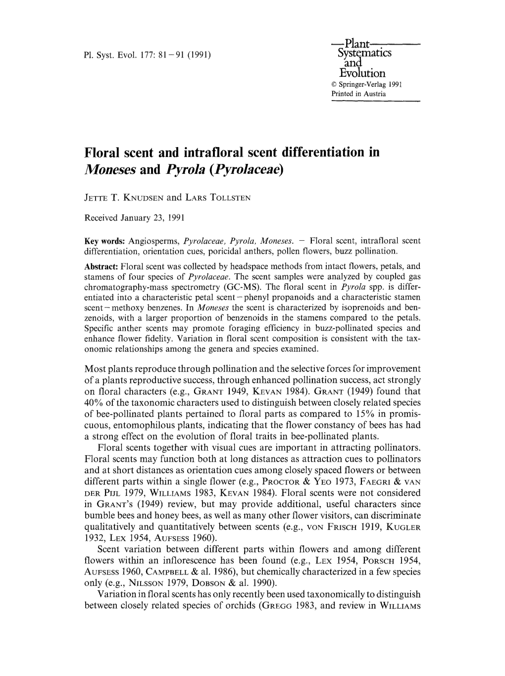 Floral Scent and Intrafloral Scent Differentiation in <Emphasis Type