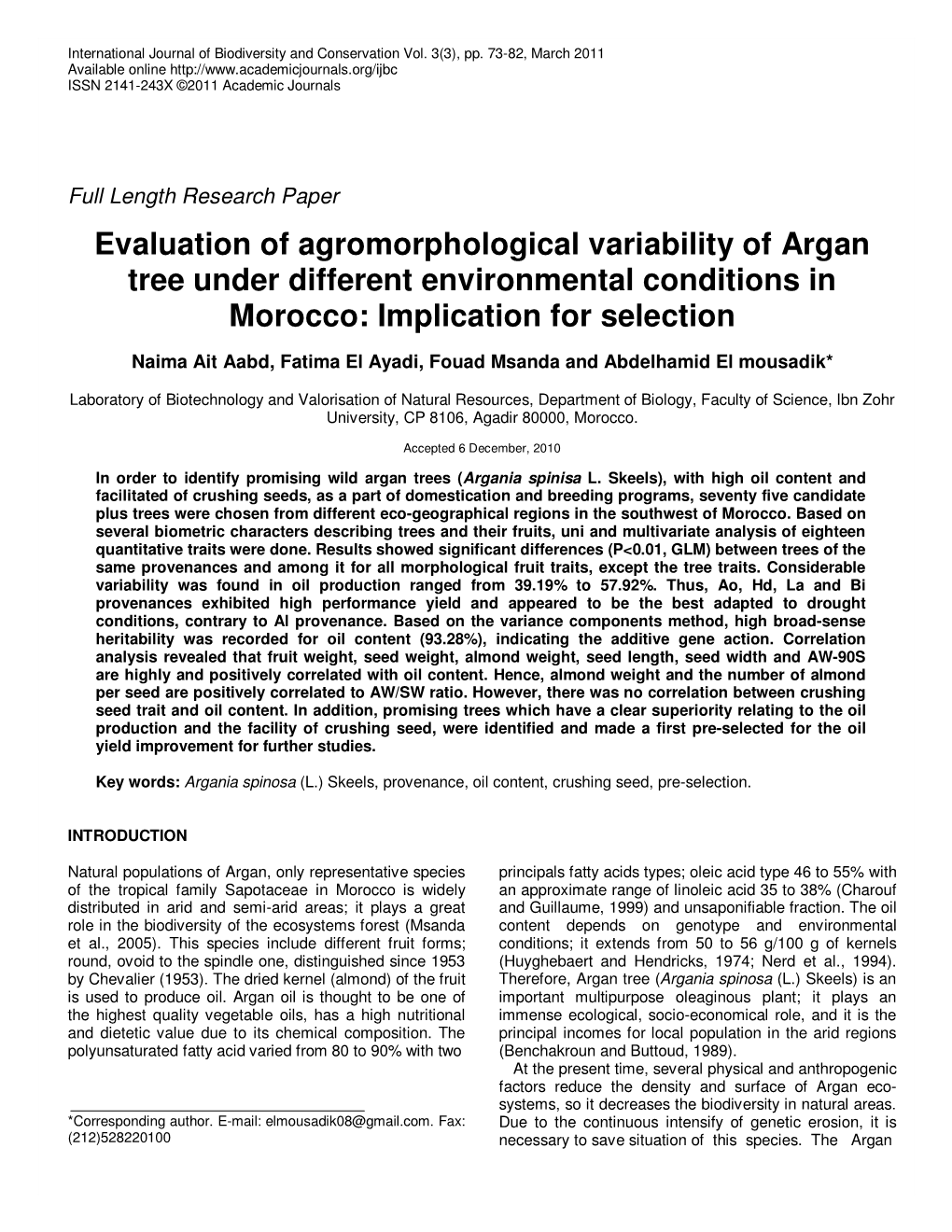 Evaluation of Agromorphological Variability of Argan Tree Under Different Environmental Conditions in Morocco: Implication for Selection