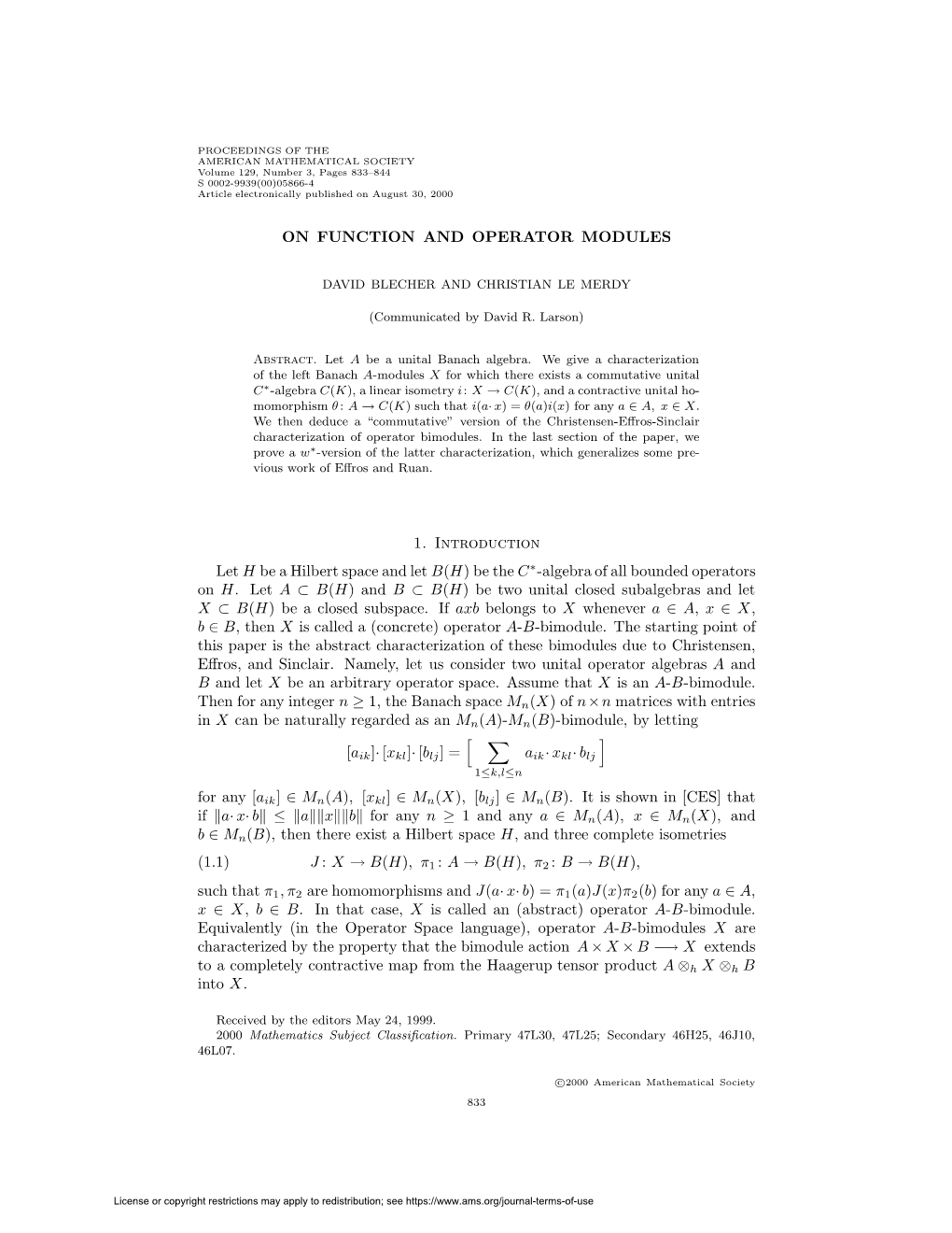 ON FUNCTION and OPERATOR MODULES 1. Introduction Let H Be