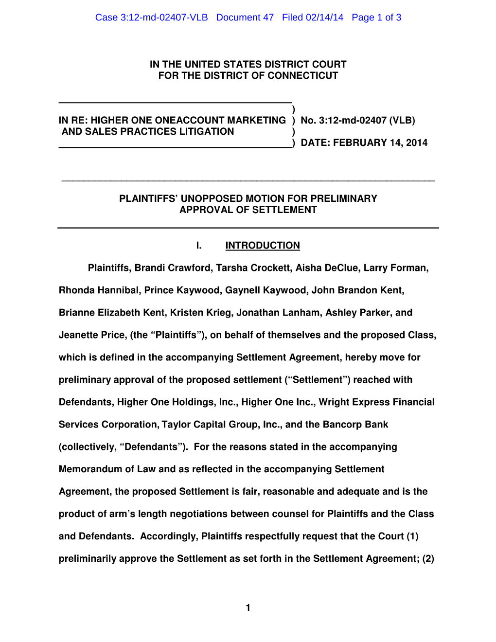 Case 3:12-Md-02407-VLB Document 47 Filed 02/14/14 Page 1 of 3