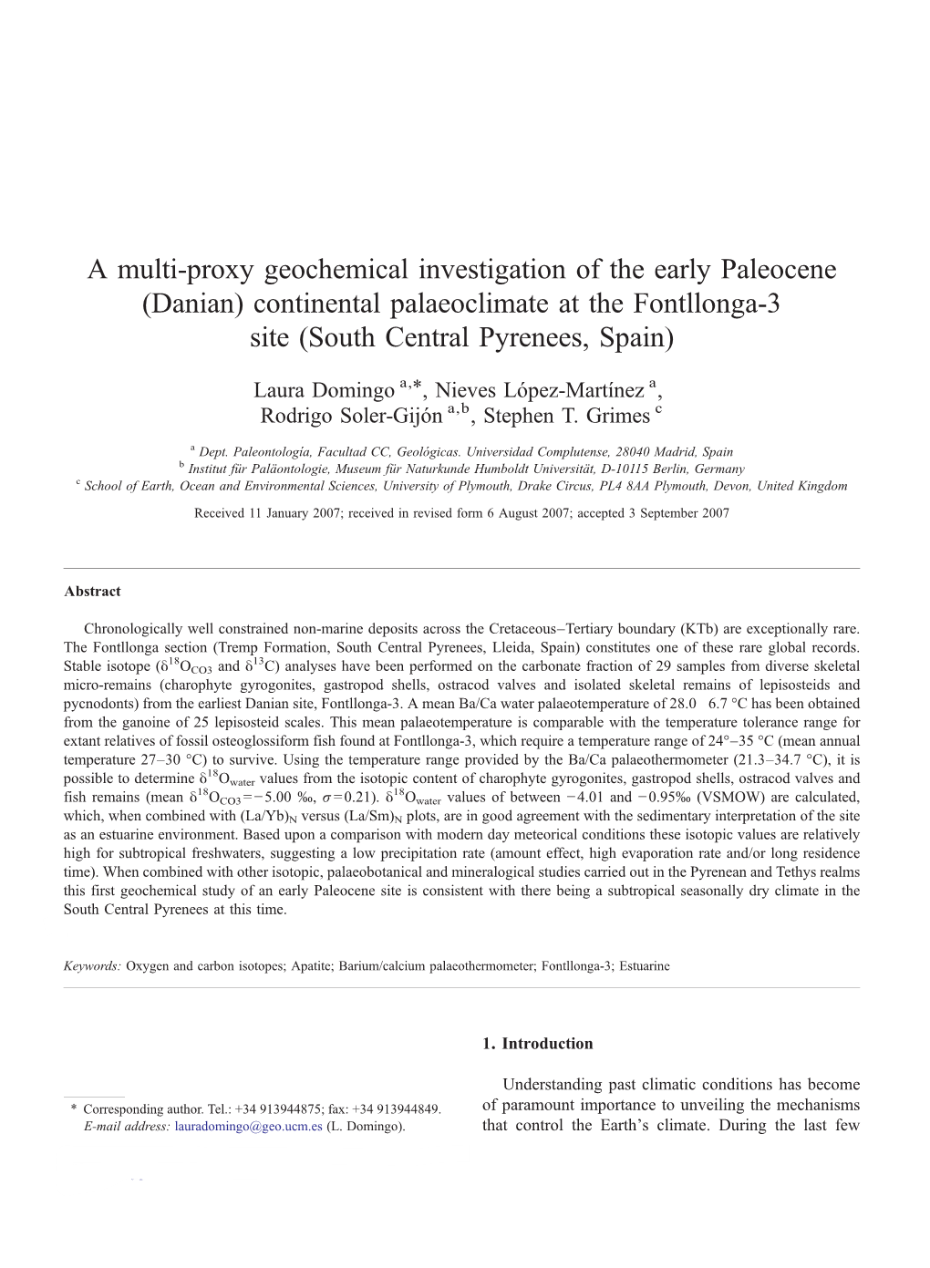 A Multi-Proxy Geochemical Investigation of the Early Paleocene (Danian) Continental Palaeoclimate at the Fontllonga-3 Site (Sout