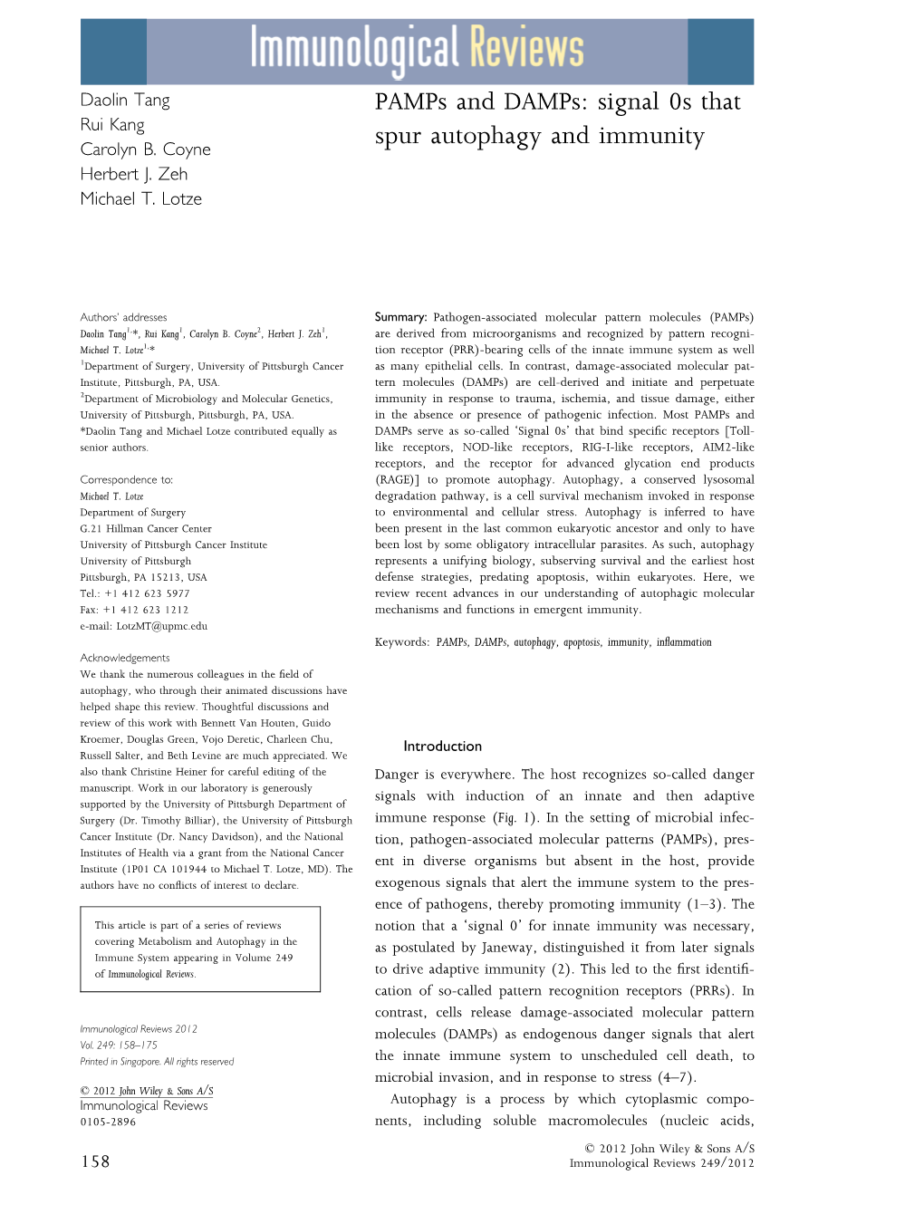 Pamps and Damps: Signal 0S That Spur Autophagy and Immunity