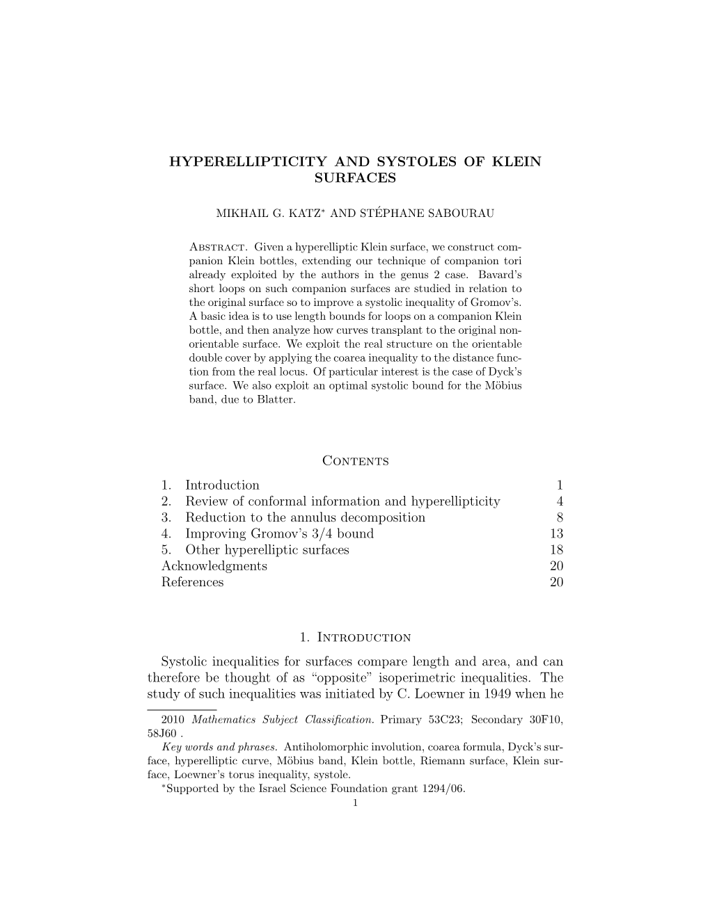 HYPERELLIPTICITY and SYSTOLES of KLEIN SURFACES Contents 1