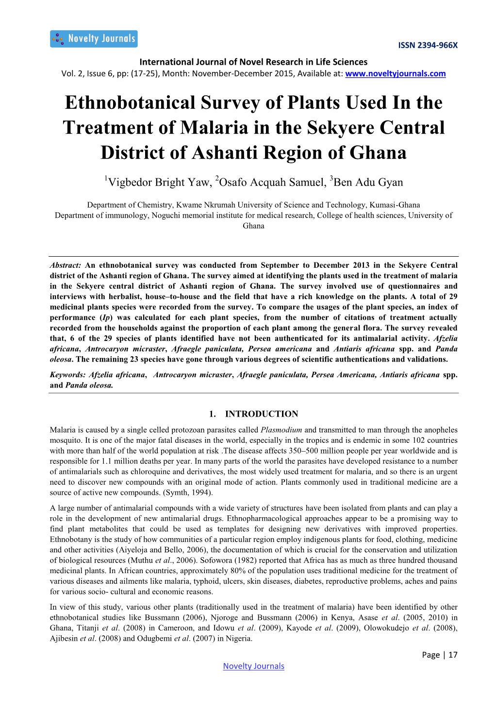 Ethnobotanical Survey of Plants Used in the Treatment of Malaria in the Sekyere Central District of Ashanti Region of Ghana
