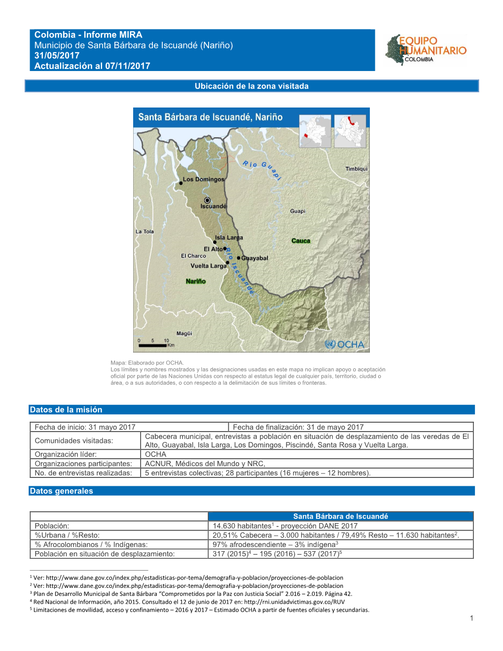 Informe MIRA Municipio De Santa Bárbara De Iscuandé (Nariño) 31/05/2017 Actualización Al 07/11/2017