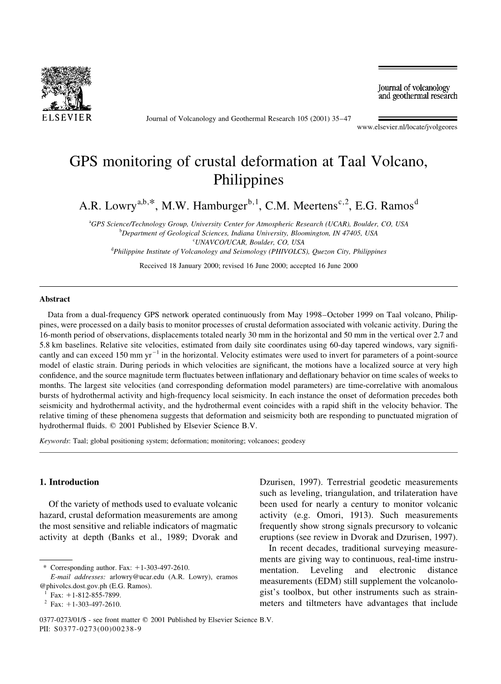 GPS Monitoring of Crustal Deformation at Taal Volcano, Philippines