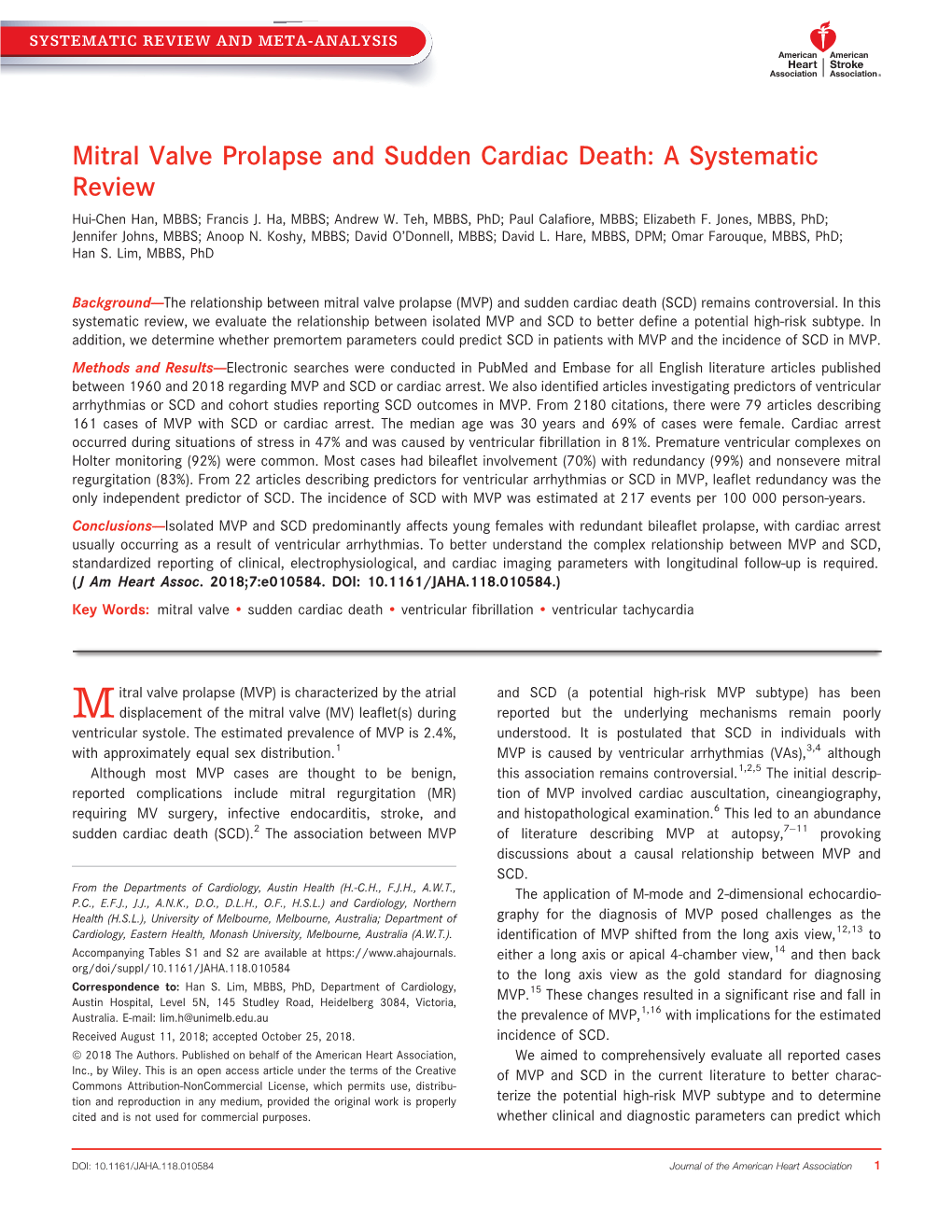 Mitral Valve Prolapse and Sudden Cardiac Death: a Systematic Review Hui-Chen Han, MBBS; Francis J