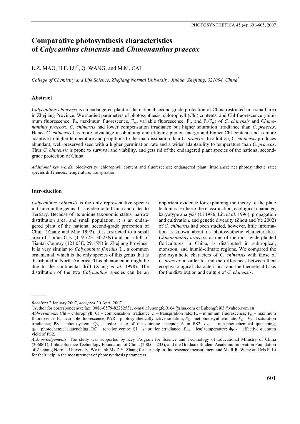 Comparative Photosynthesis Characteristics of Calycanthus Chinensis and Chimonanthus Praecox