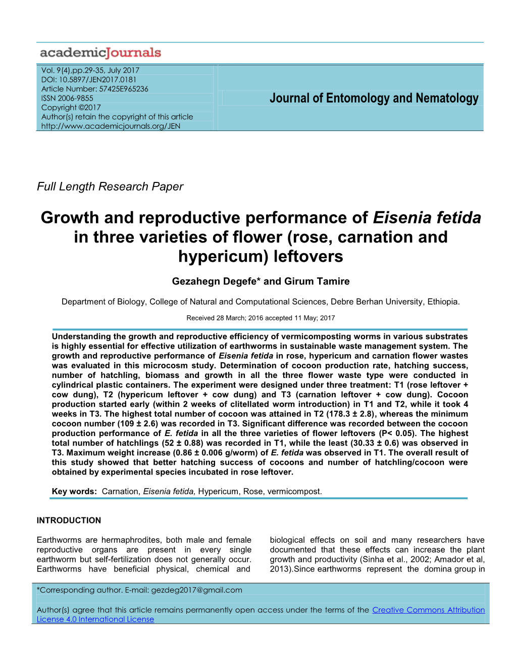 Growth and Reproductive Performance of Eisenia Fetida in Three Varieties of Flower (Rose, Carnation and Hypericum) Leftovers
