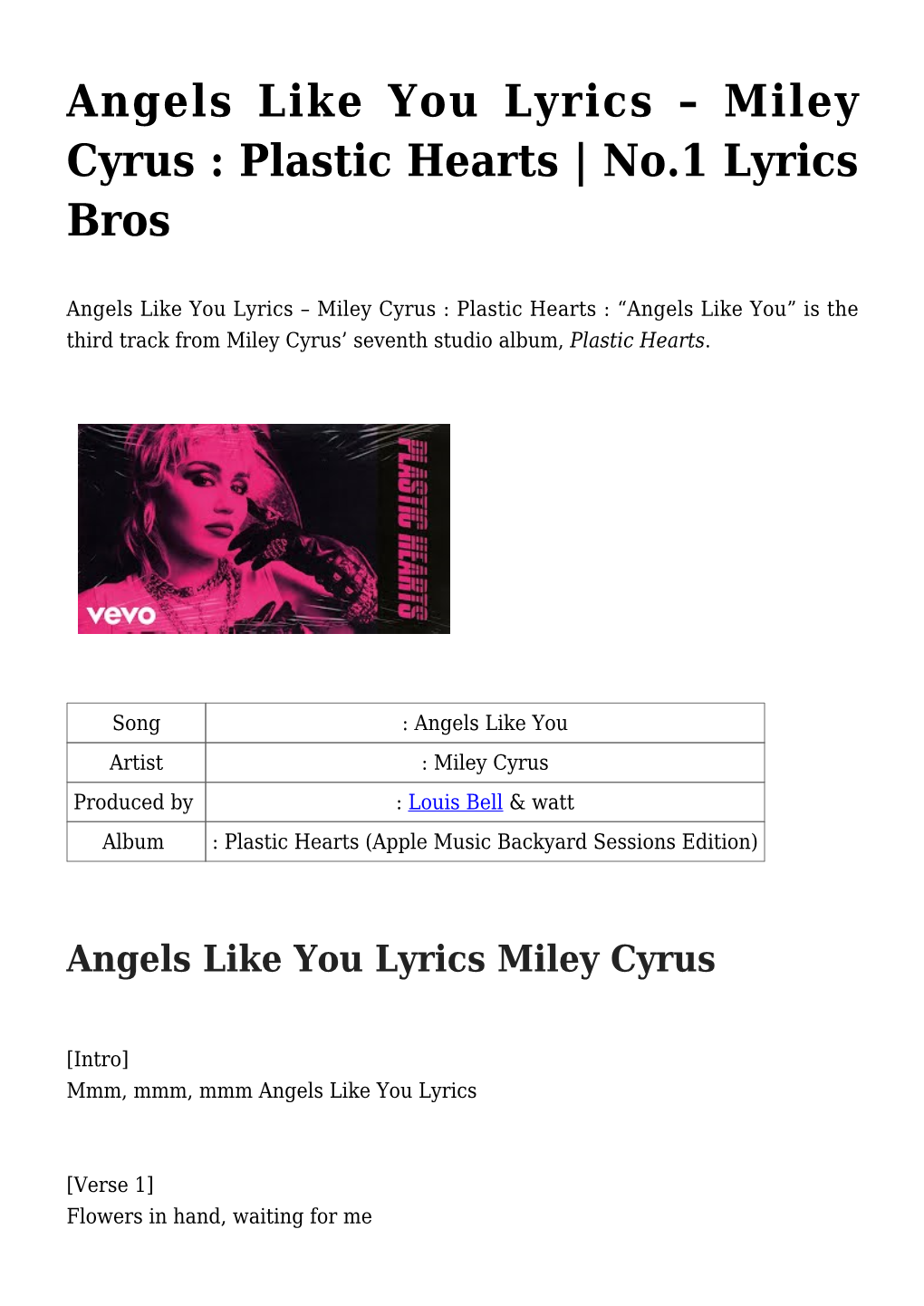 Angels Like You Lyrics – Miley Cyrus : Plastic Hearts