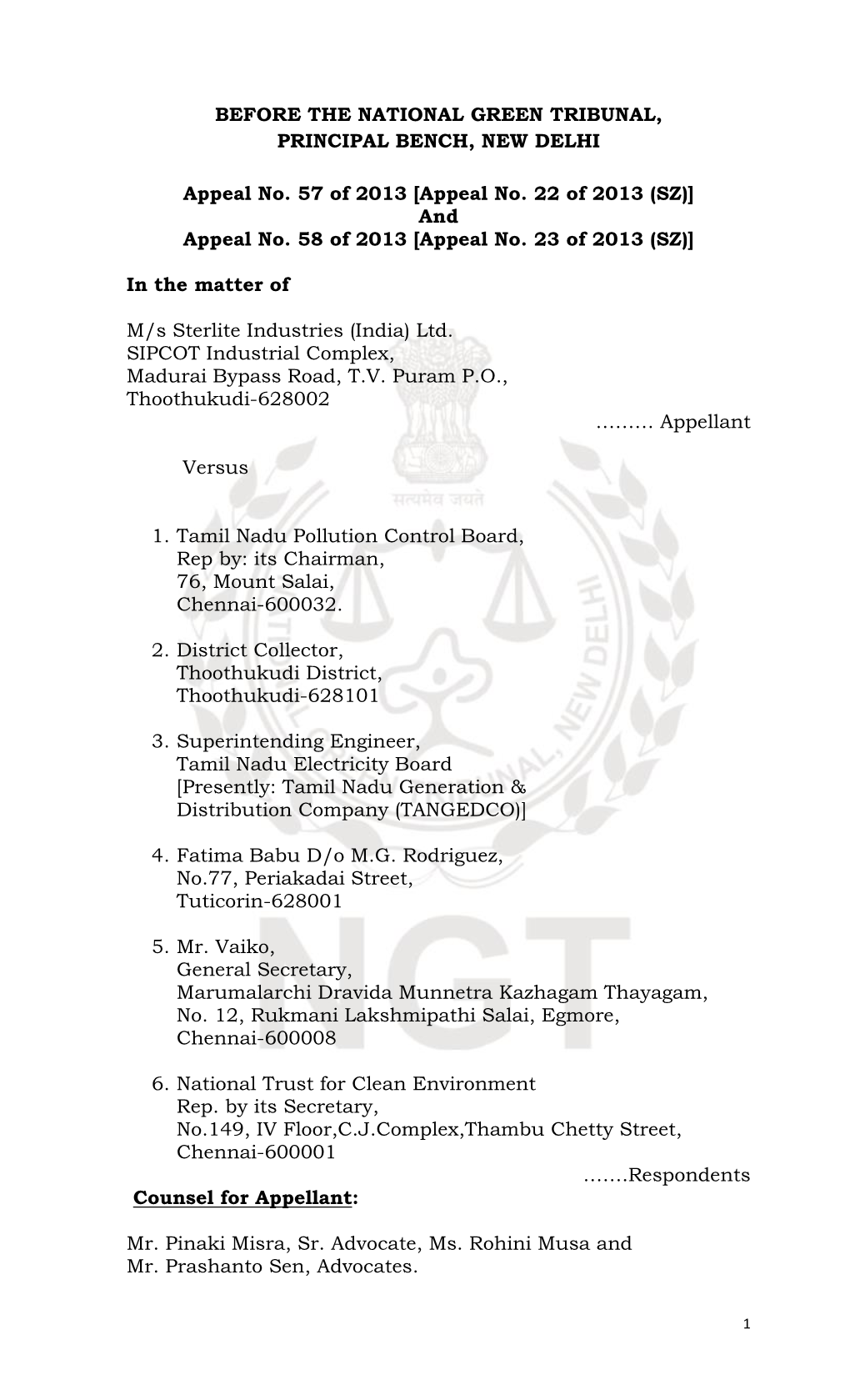 BEFORE the NATIONAL GREEN TRIBUNAL, PRINCIPAL BENCH, NEW DELHI Appeal No. 57 of 2013