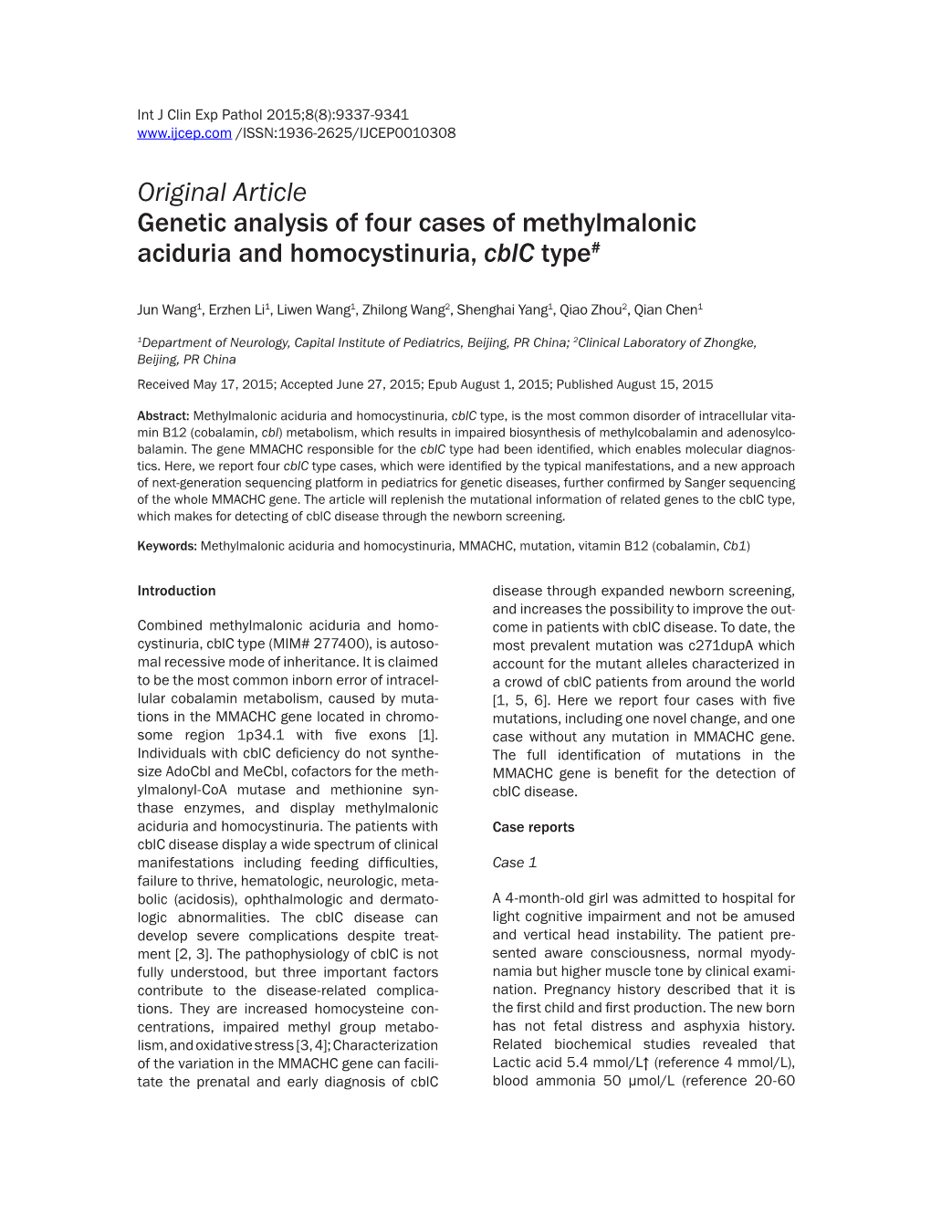 Original Article Genetic Analysis of Four Cases of Methylmalonic Aciduria and Homocystinuria, Cblc Type