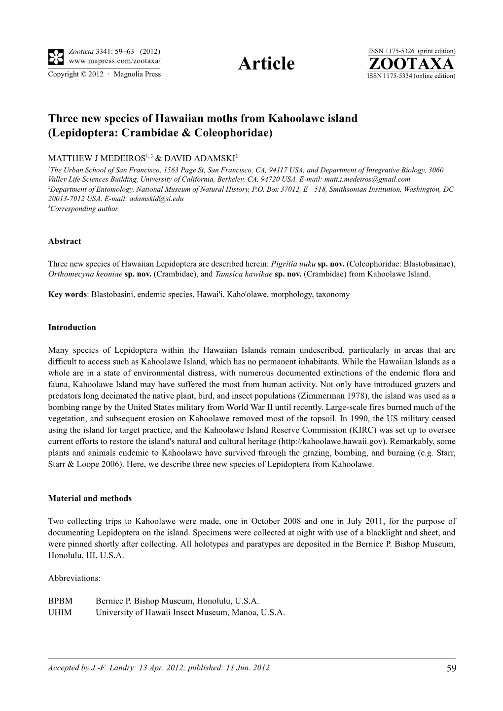 Zootaxa 3341: 59–63 (2012) ISSN 1175-5326 (Print Edition) Article ZOOTAXA Copyright © 2012 · Magnolia Press ISSN 1175-5334 (Online Edition)