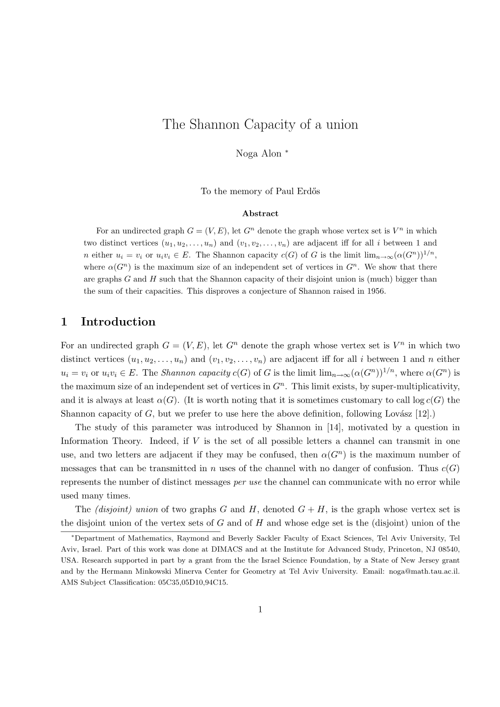 The Shannon Capacity of a Union