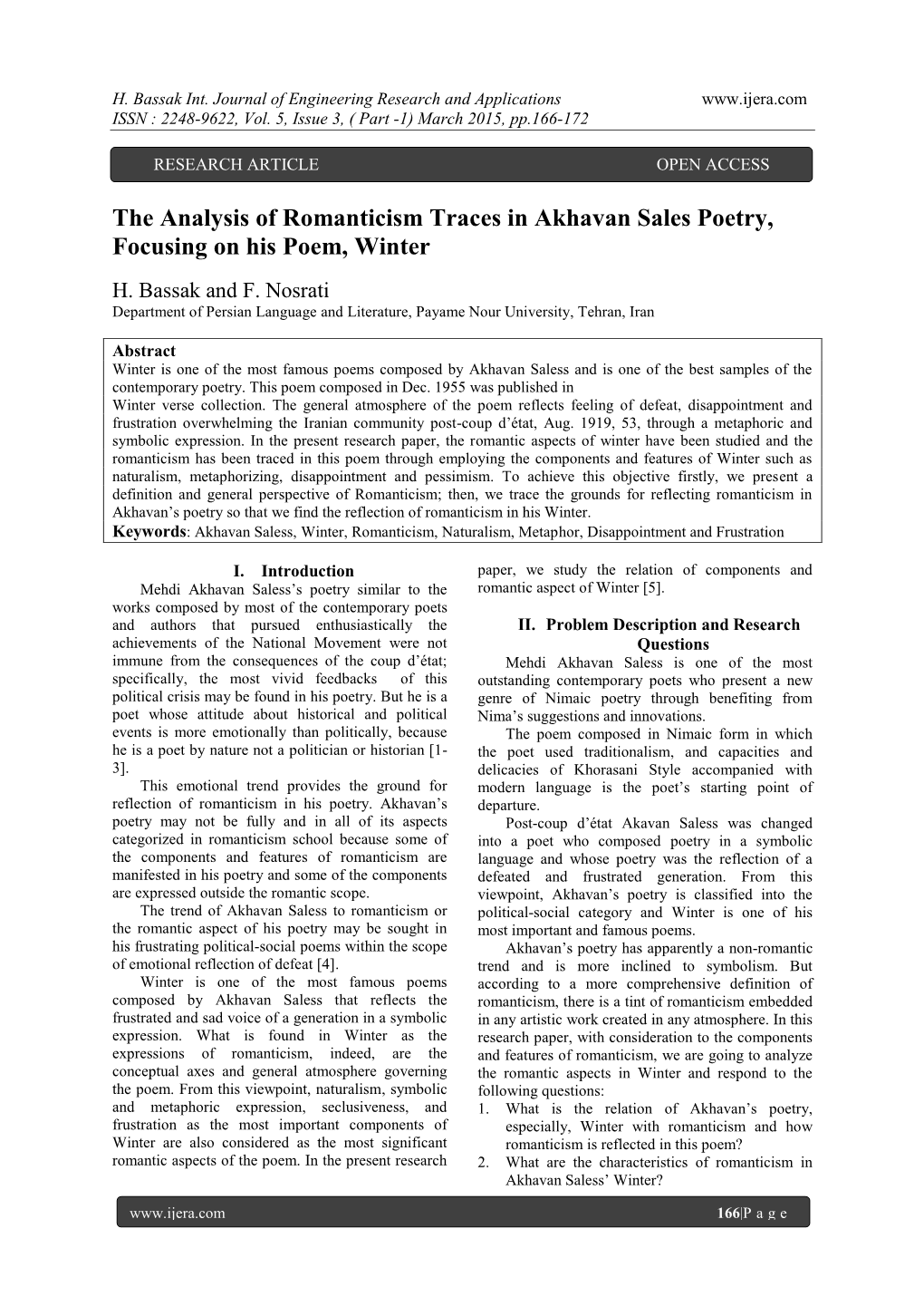 The Analysis of Romanticism Traces in Akhavan Sales Poetry, Focusing on His Poem, Winter