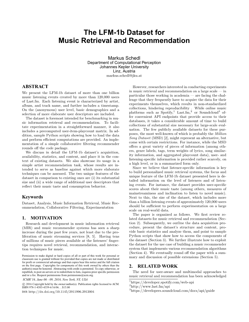 The LFM-1B Dataset for Music Retrieval and Recommendation