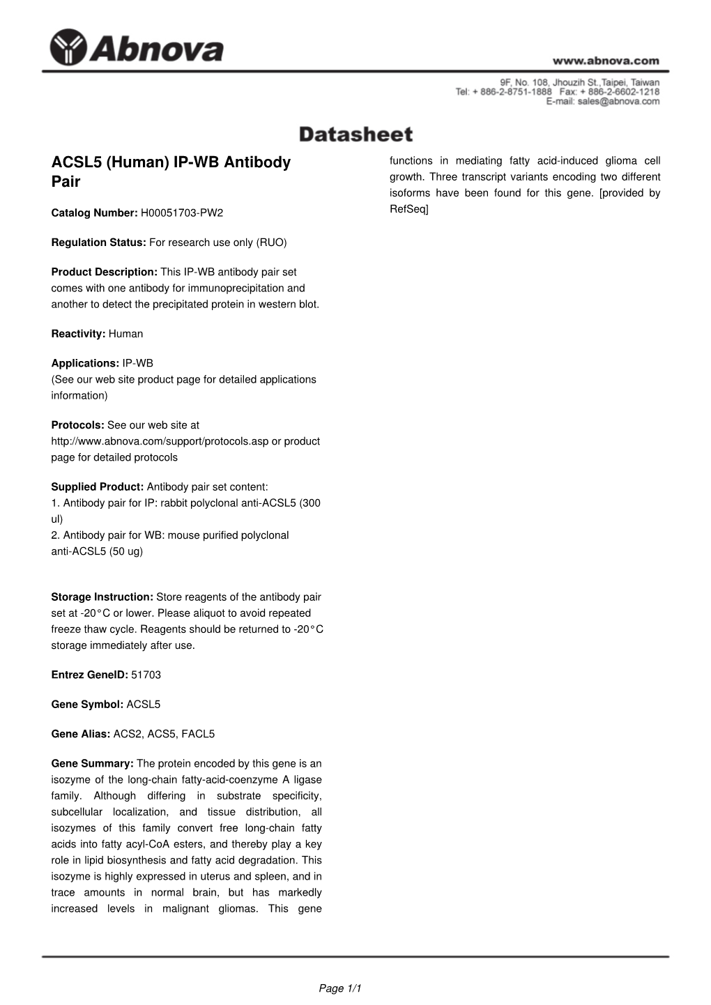 ACSL5 (Human) IP-WB Antibody Pair