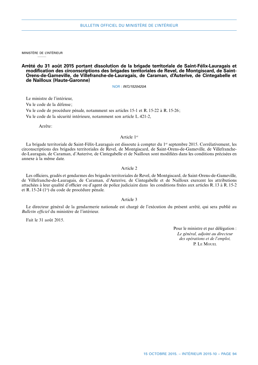 Arrêté Du 31 Août 2015 Portant Dissolution De La Brigade Territoriale