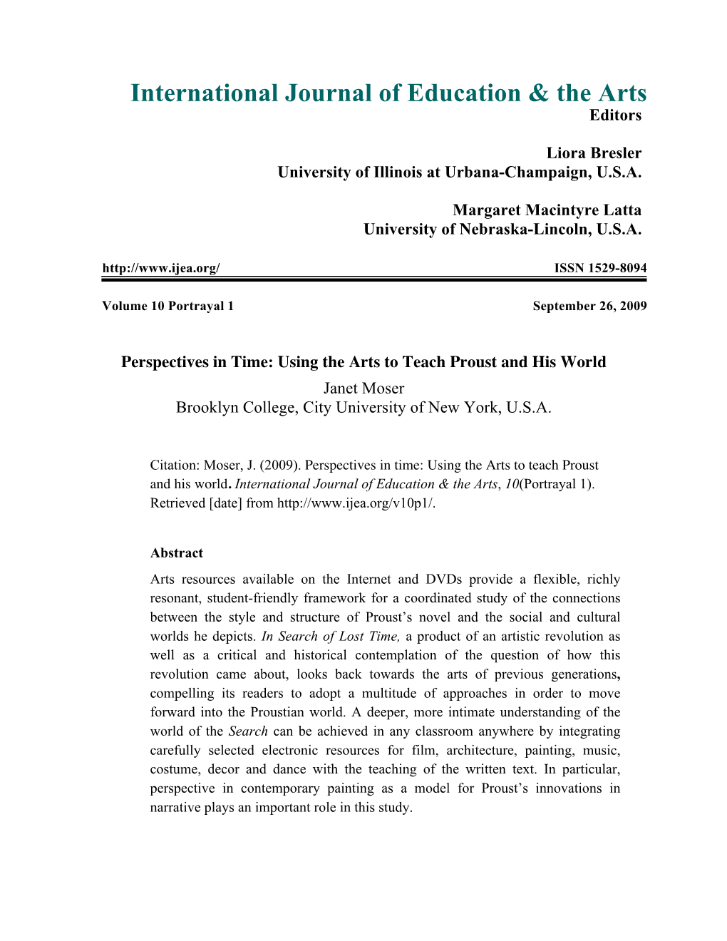 Perspectives in Time: Using the Arts to Teach Proust and His World Janet Moser Brooklyn College, City University of New York, U.S.A