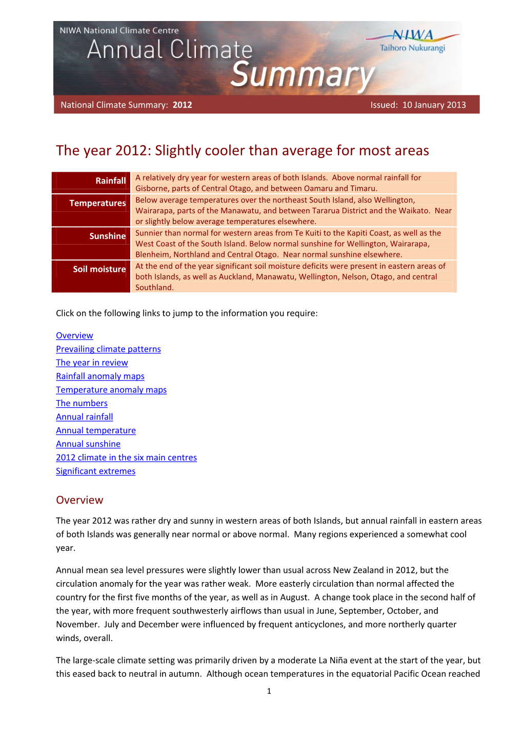 The Year 2012: Slightly Cooler Than Average for Most Areas