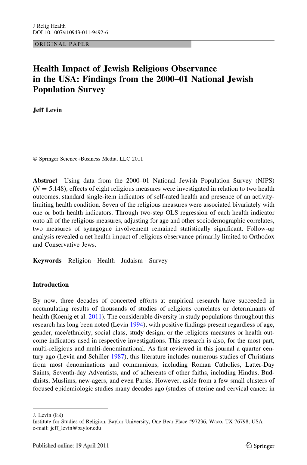 Health Impact of Jewish Religious Observance in the USA: Findings from the 2000–01 National Jewish Population Survey