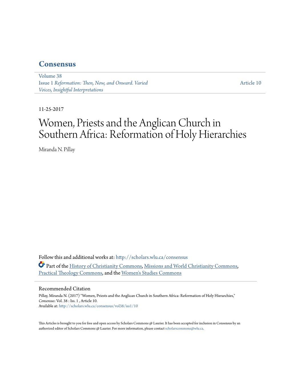 Women, Priests and the Anglican Church in Southern Africa: Reformation of Holy Hierarchies Miranda N