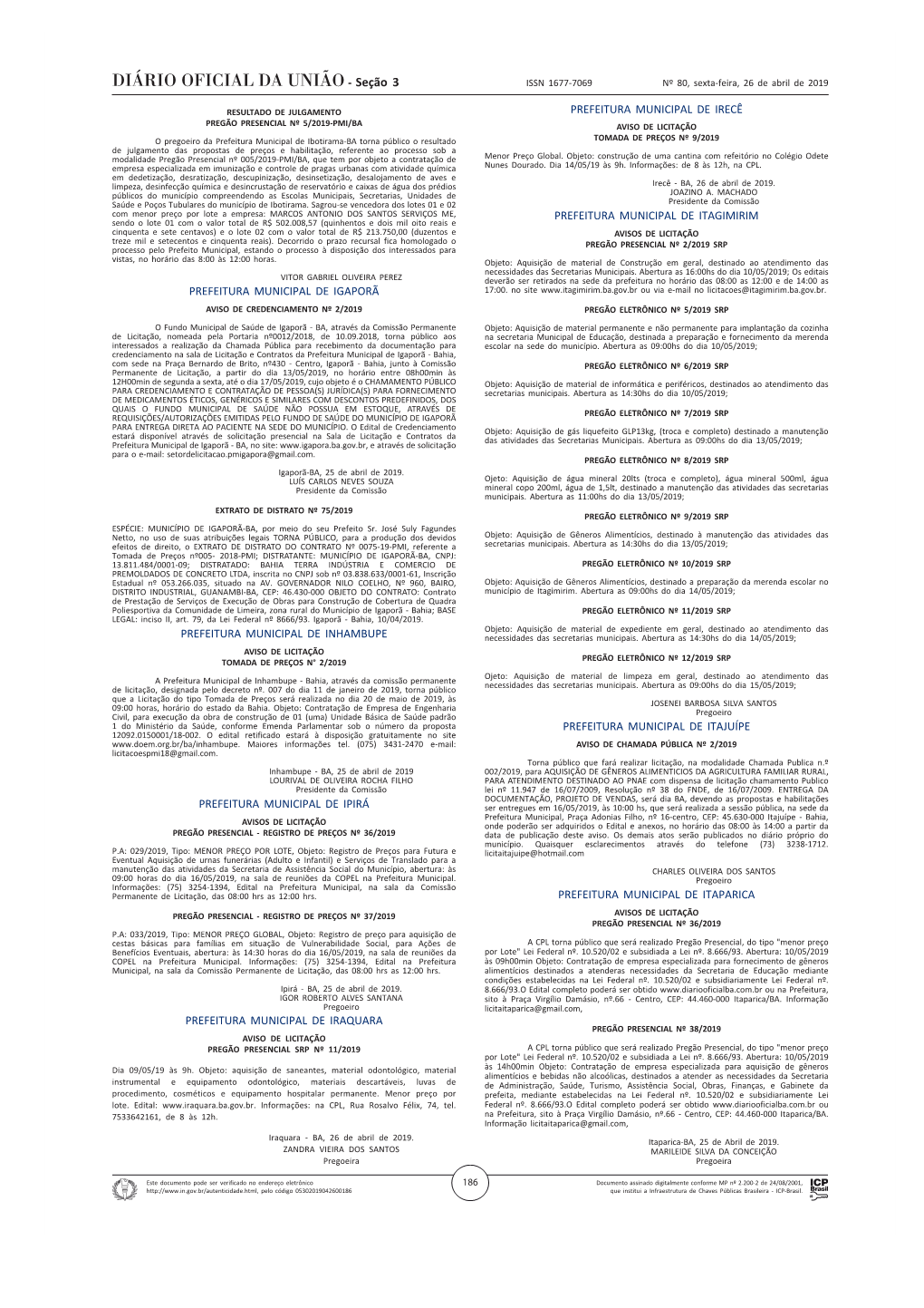 Seção 3 ISSN 1677-7069 Nº 80, Sexta-Feira, 26 De Abril De 2019