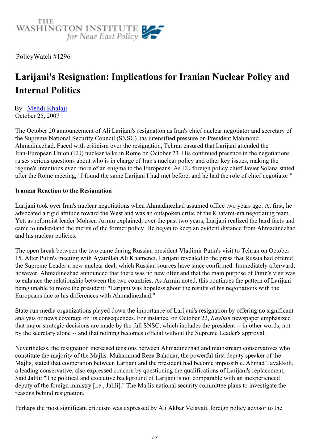 Larijani's Resignation: Implications for Iranian Nuclear Policy and Internal Politics